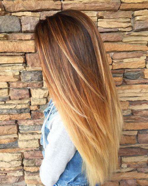 lång caramel and blonde ombre for dark brown hair