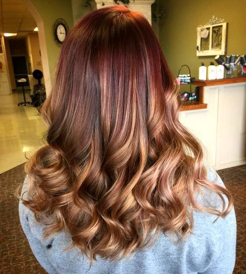 bourgogne to light brown ombre with caramel highlights