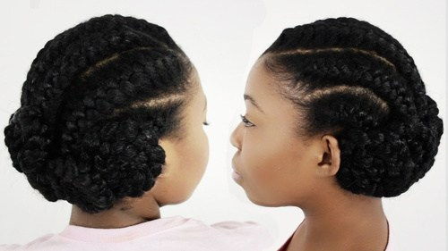 svart braided updo with cornrows and buns