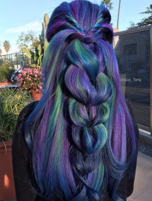 Întuneric Blue Hair With Green And Purple Highlights