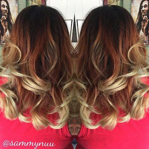 тамно brown to red ombre with blonde ends