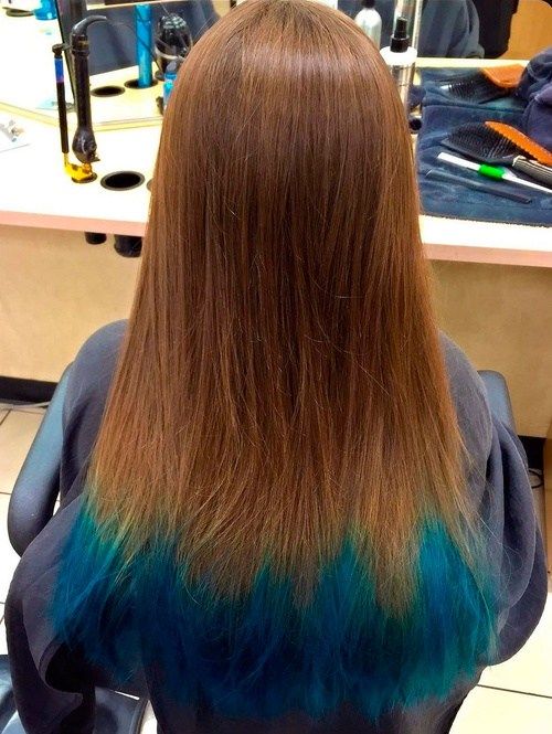 Castan Brown Hair With Blue Dip Dye