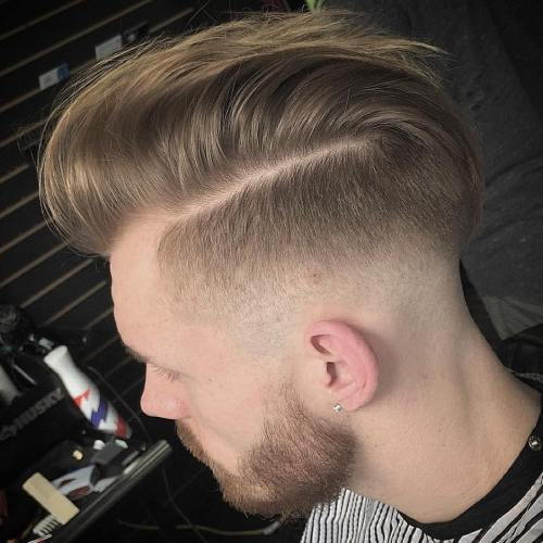 sida part with fade and facial hairstyle