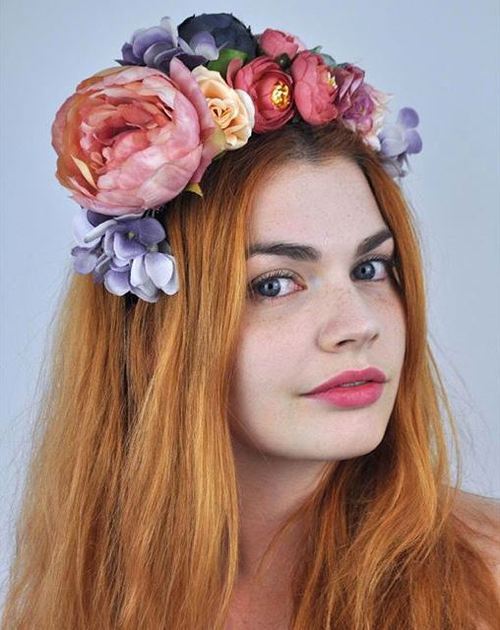 dlho red hair with floral crown