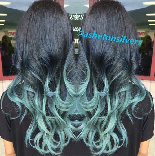 svart hair with pastel blue ombre highlights