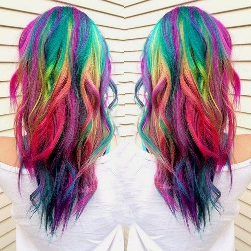lång layered rainbow hair