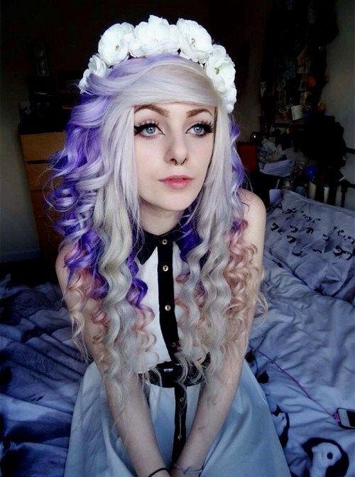 platina hair with purple and pastel pink highlights
