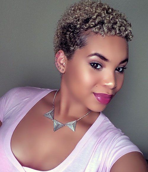 african American short curly hairstyle with blonde highlights