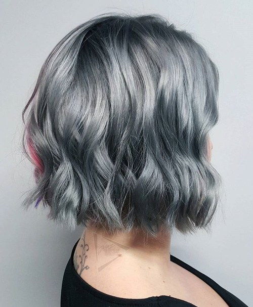 Silver Wavy Bob With Black Roots