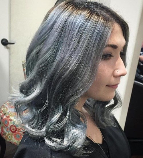 Medium Curly Silver Hair With Black Roots