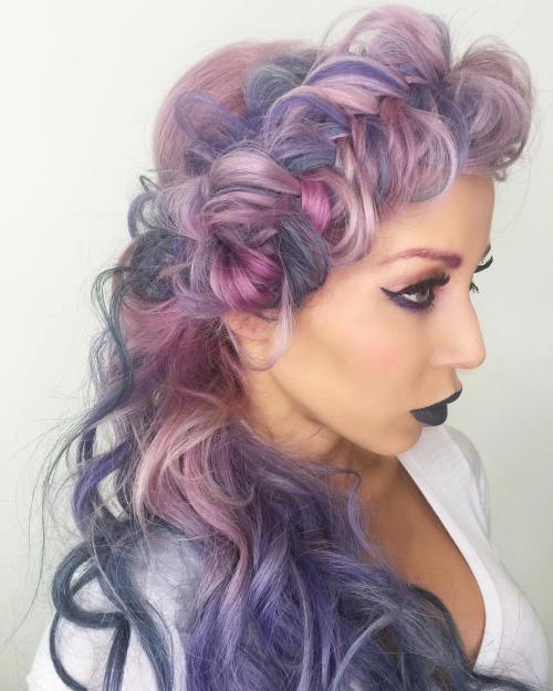 Pastell Purple Curly Braided Hairstyle
