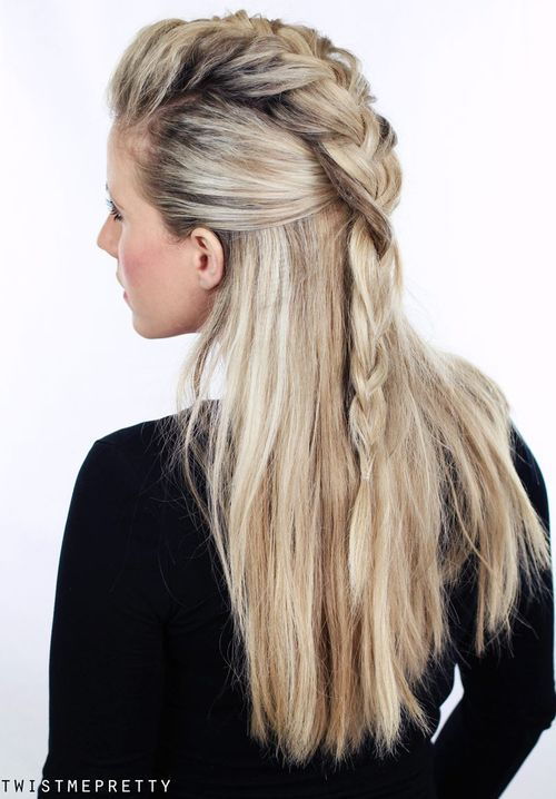 halv up braided hairstyle with a fauxhawk braid