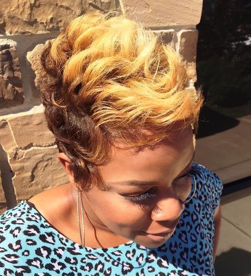 blond and brown curly fauxhawk for black women
