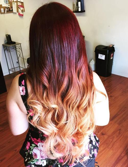 brun to blonde ombre with red balayage
