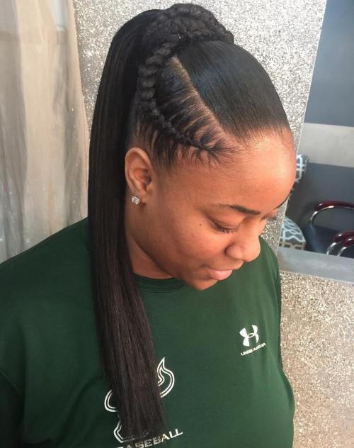 neted Long Ponytail With A Braided Wrap