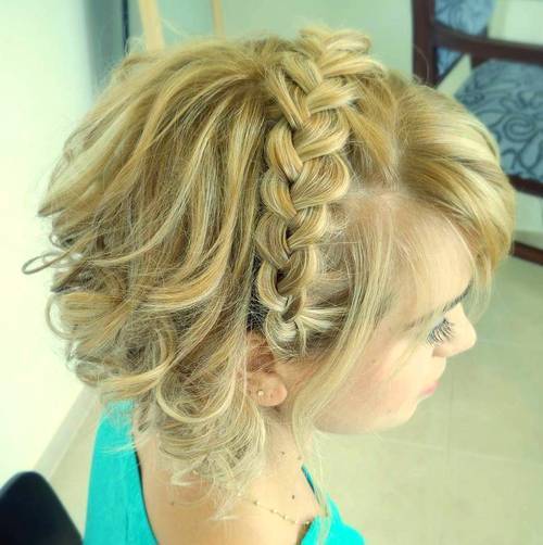 blondă curly updo with headband braid