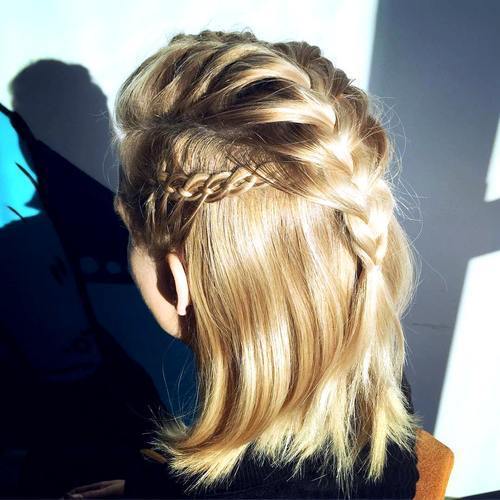 jumătate up braided hairstyle for shorter hair
