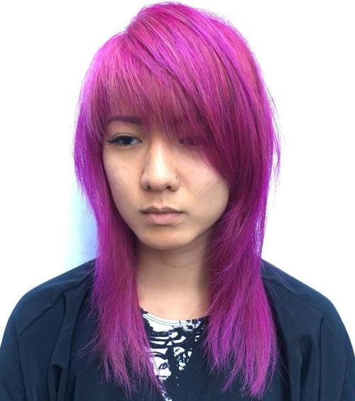 Mid-Length Magenta Hairstyle With Side Bangs