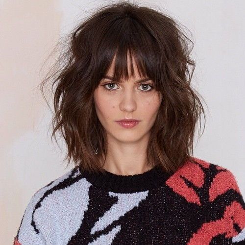 lung shaggy brunette bob with bangs