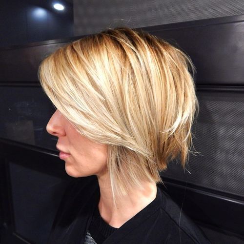 blond angled shaggy bob with side bangs