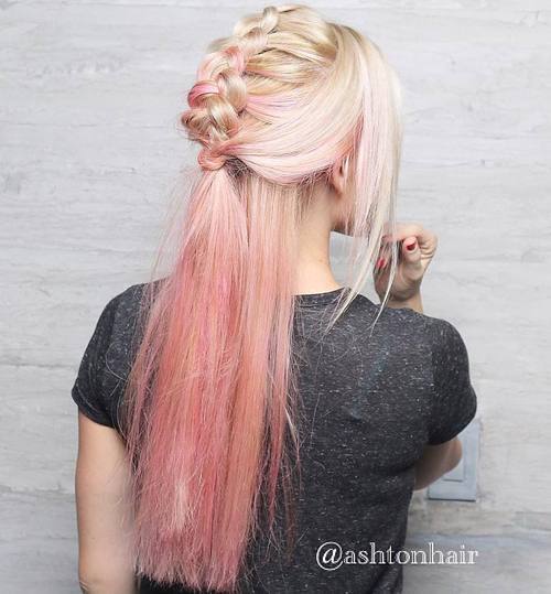 halv up mohawk braid for pastel pink ombre