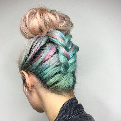 turcoaz and pastel pink top knot updo