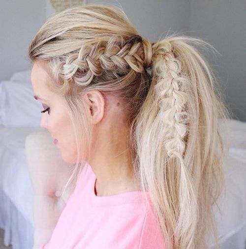blondă tousled ponytail with a bouffant and braid