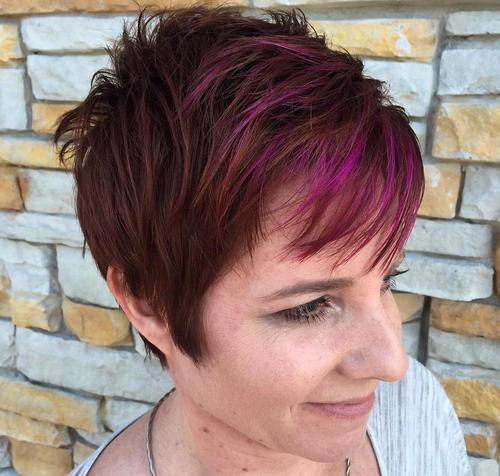 brun pixie with purple highlights in bangs