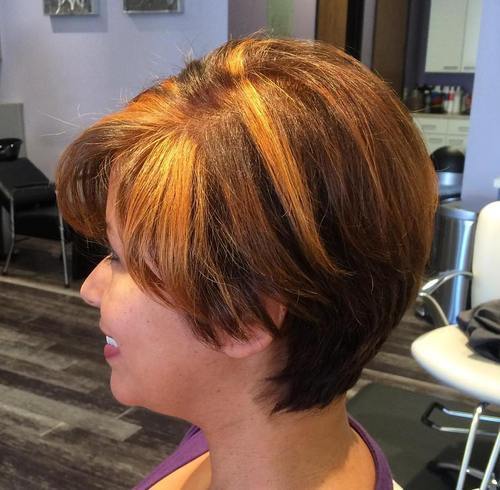 brun pixie bob with bangs and chunky highlights