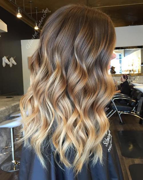 hnedý hair with caramel blonde balayage highlights