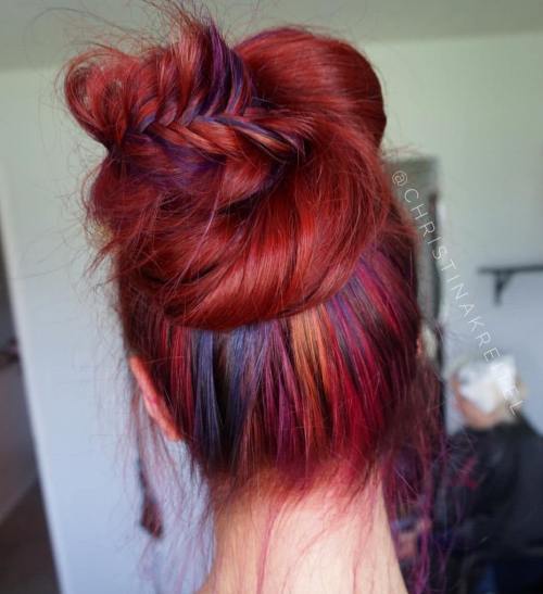 Bulle Updo For Red Hair With Rainbow Highlights