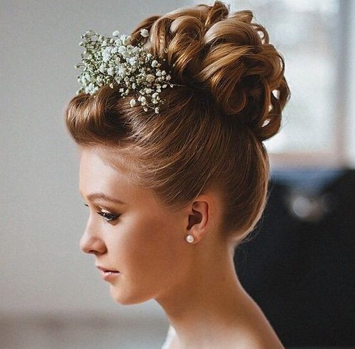 lockig updo with pompadour bangs for shorter hair
