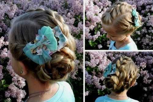 tri braids into low bun girls hairstyle