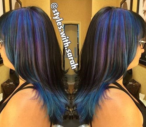 svart hair with pastel blue and purple highlights