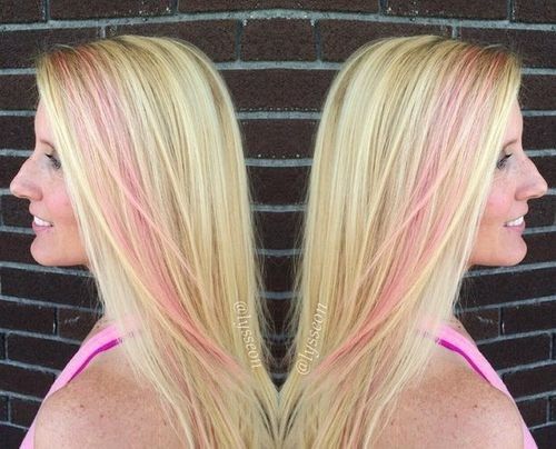 blond hair with pastel pink stripe