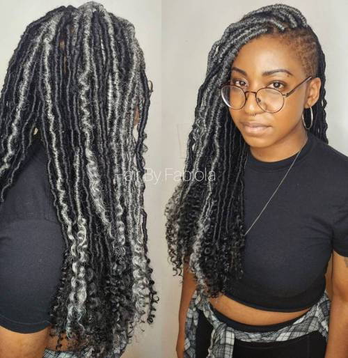 Svart And Gray Faux Locs With Side Shave