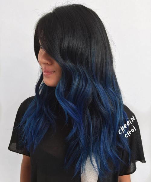 Svart Hair With Blue Balayage Highlights