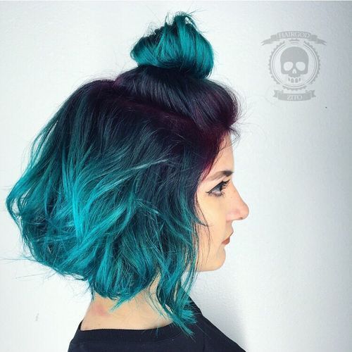 Svart To Teal Ombre Bob With Purple Roots