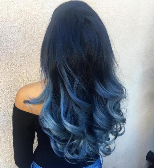 Lång Black To Pastel Blue Ombre Hair