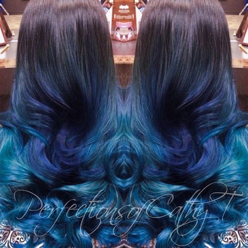 lung dark brown hair with blue ombre