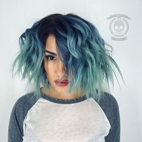 Modrá To Teal Ombre Lob With Black Roots