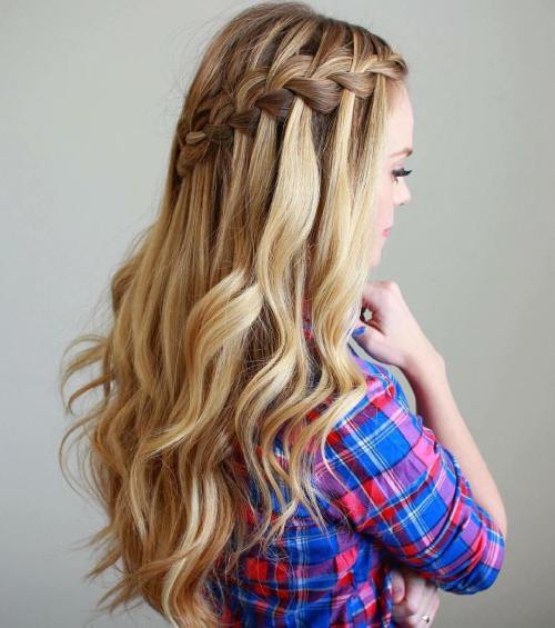 halv updo with waterfall braid and curls