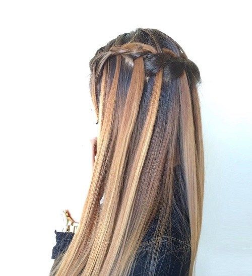 hnedý and caramel waterfall braid hairstyle