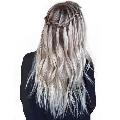 dlho ash blonde balayage hair with waterfall braid