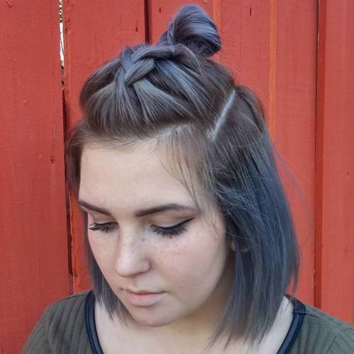 halv updo with braid and top knot for bob haircut