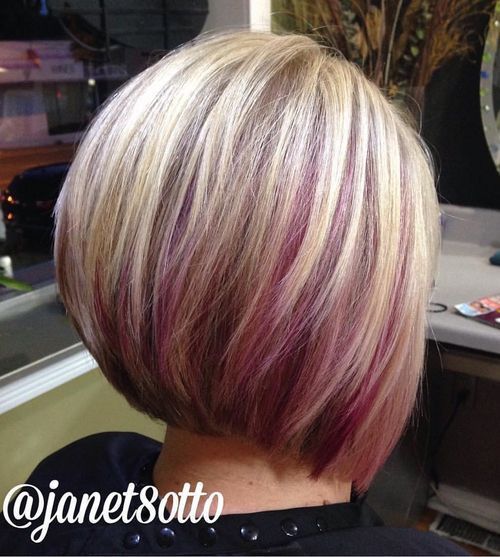 blond bob with purple peek-a-boo highlights
