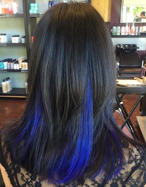 svart hair with blue peek-a-boo highlights