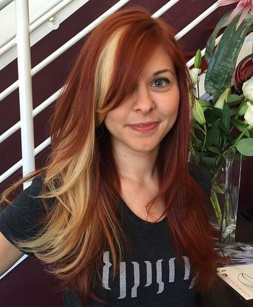 cupru red hair with blonde peek-a-boo highlights