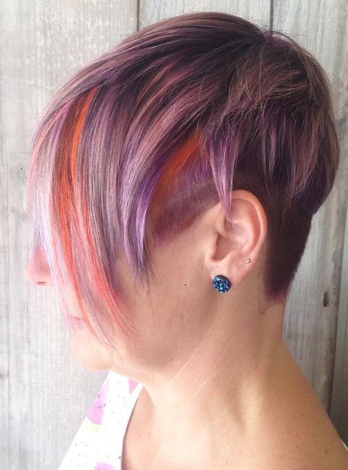 kort pastel purple hair with orange peek-a-boo highlights