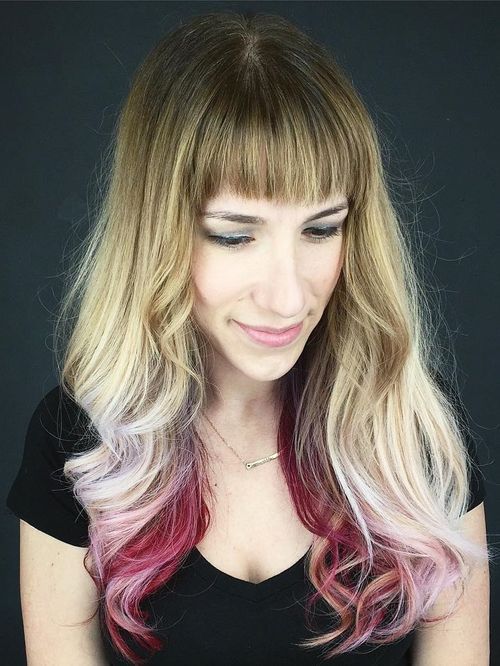 maro to blonde ombre with burgundy peekaboo highlights